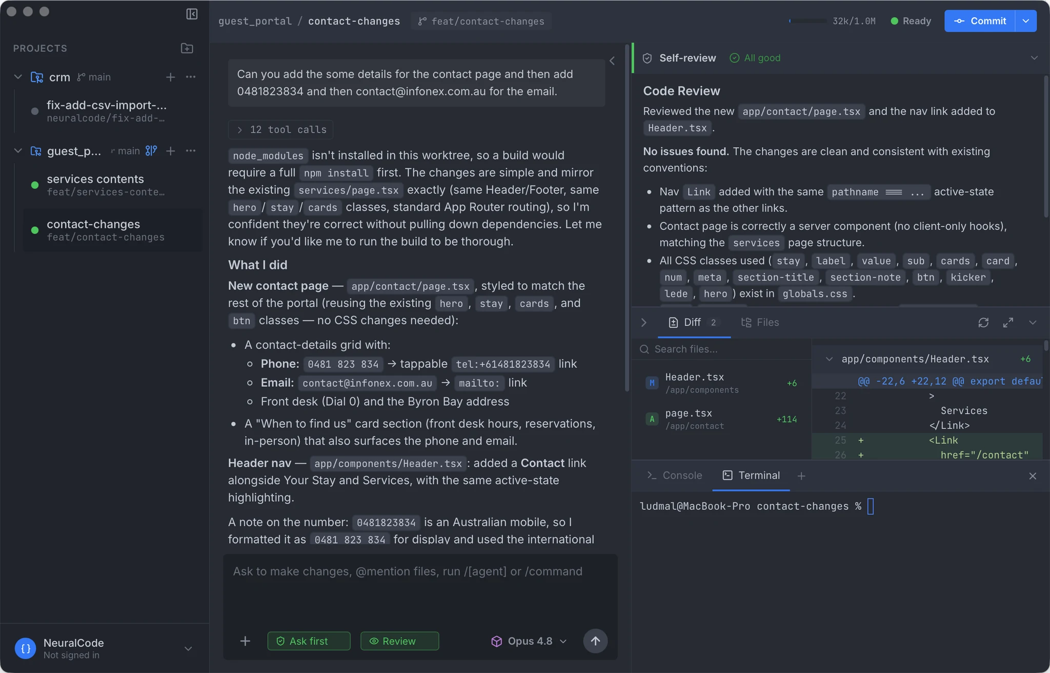 NeuralCode agent IDE — plan, code review, diff, and terminal in one workspace