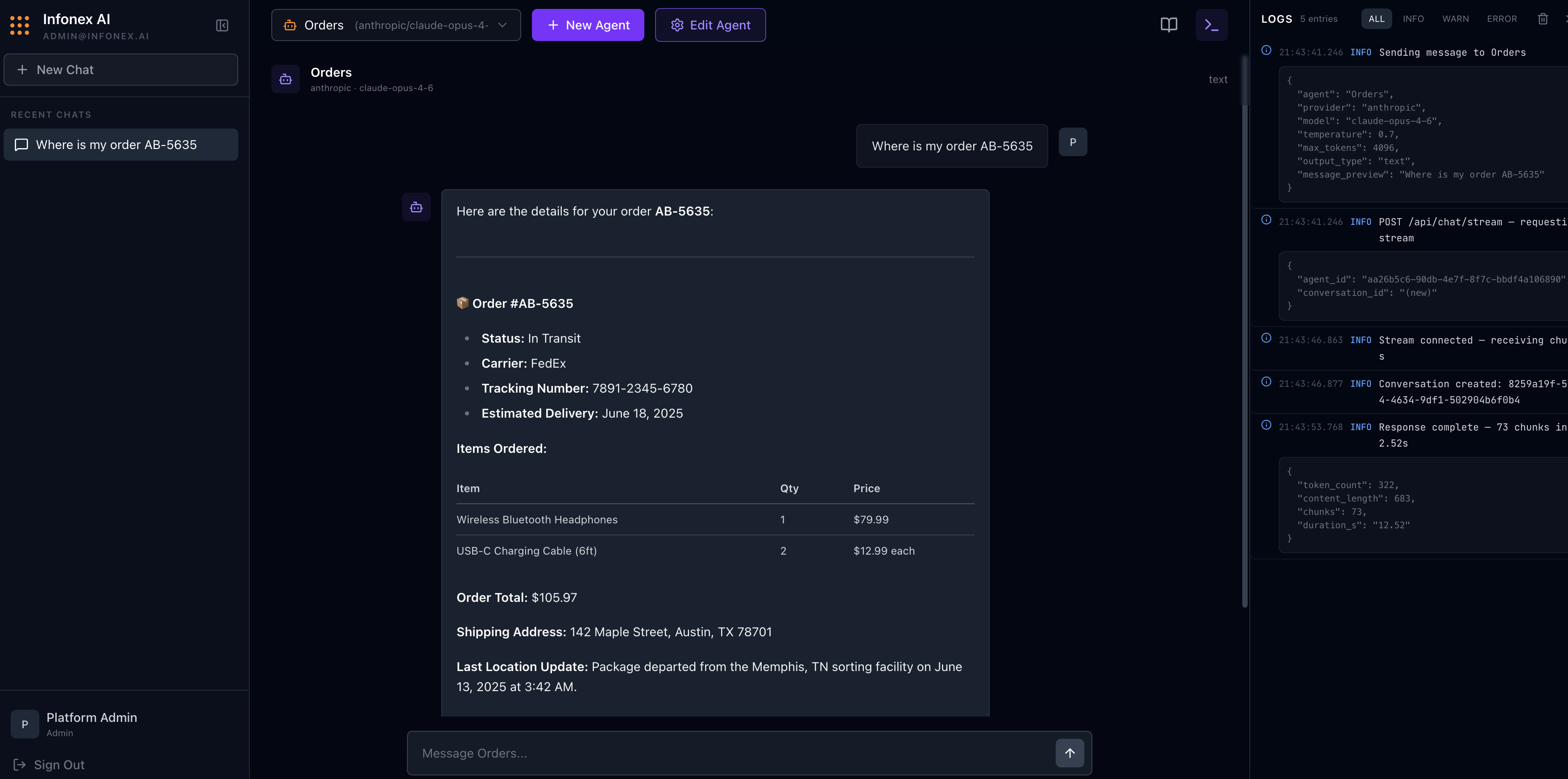 Infonex AI Platform Dashboard